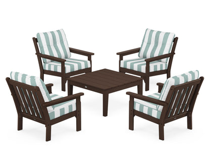 POLYWOOD® Vineyard 5-Piece Deep Seating Conversation Set in Mahogany / Cabana Stripe Glacier Spa