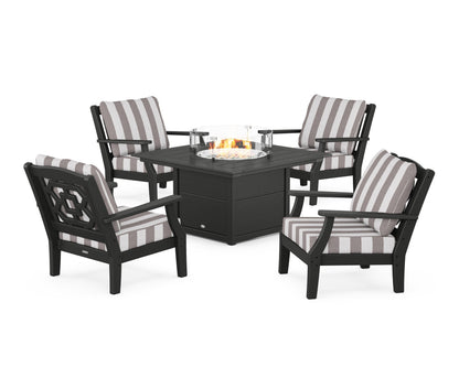 Martha Stewart by POLYWOOD® Chinoiserie 5-Piece Deep Seating Set with Fire Pit Table in Black / Cabana Stripe Grey Mist