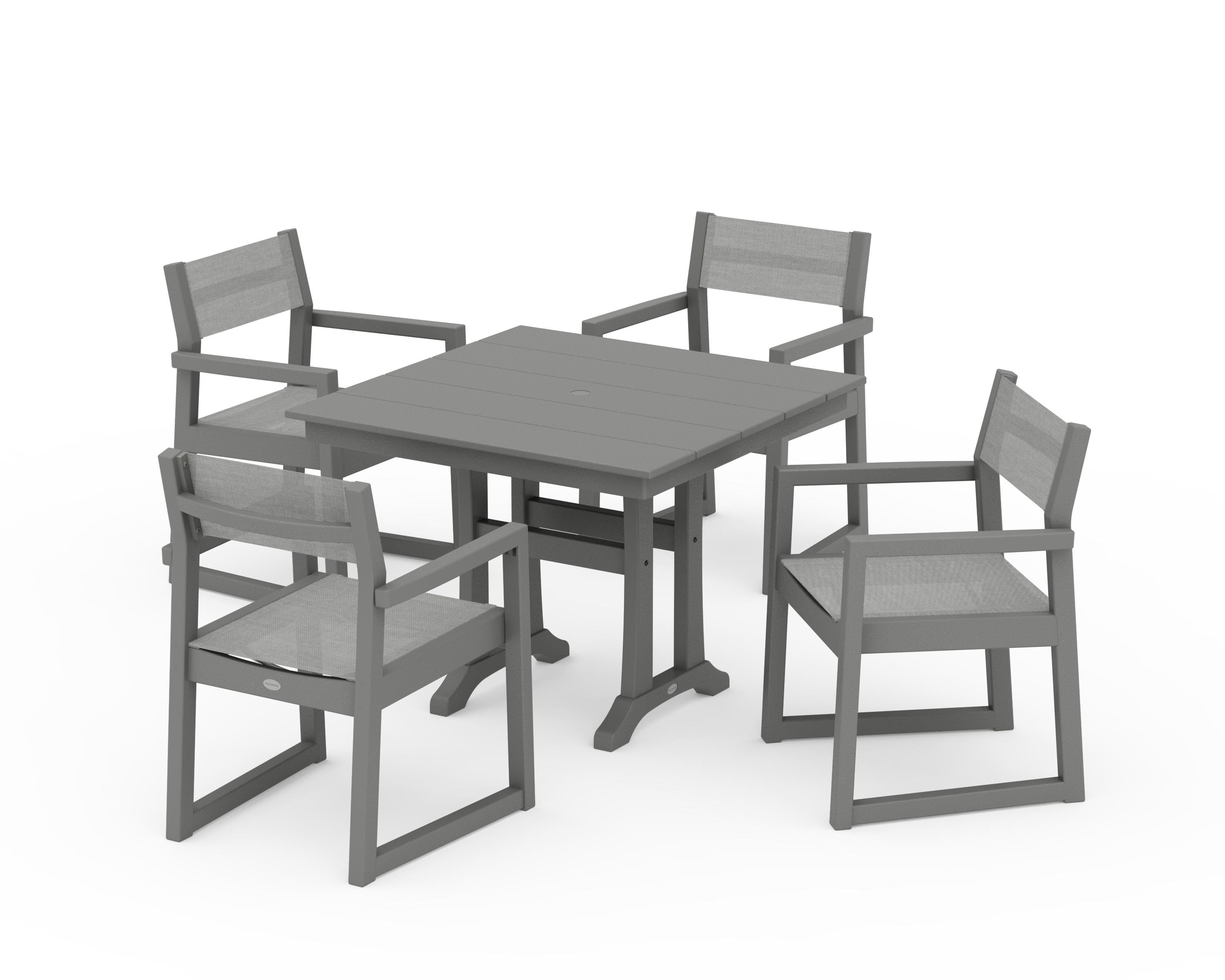 POLYWOOD® EDGE Sling 5-Piece Farmhouse Dining Set with Trestle Legs in Slate Grey / Metallic Sling