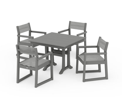 POLYWOOD® EDGE Sling 5-Piece Farmhouse Dining Set with Trestle Legs in Slate Grey / Metallic Sling