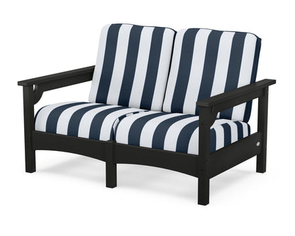 POLYWOOD® Club Loveseat in Black / Cabana Stripe Marine Indigo