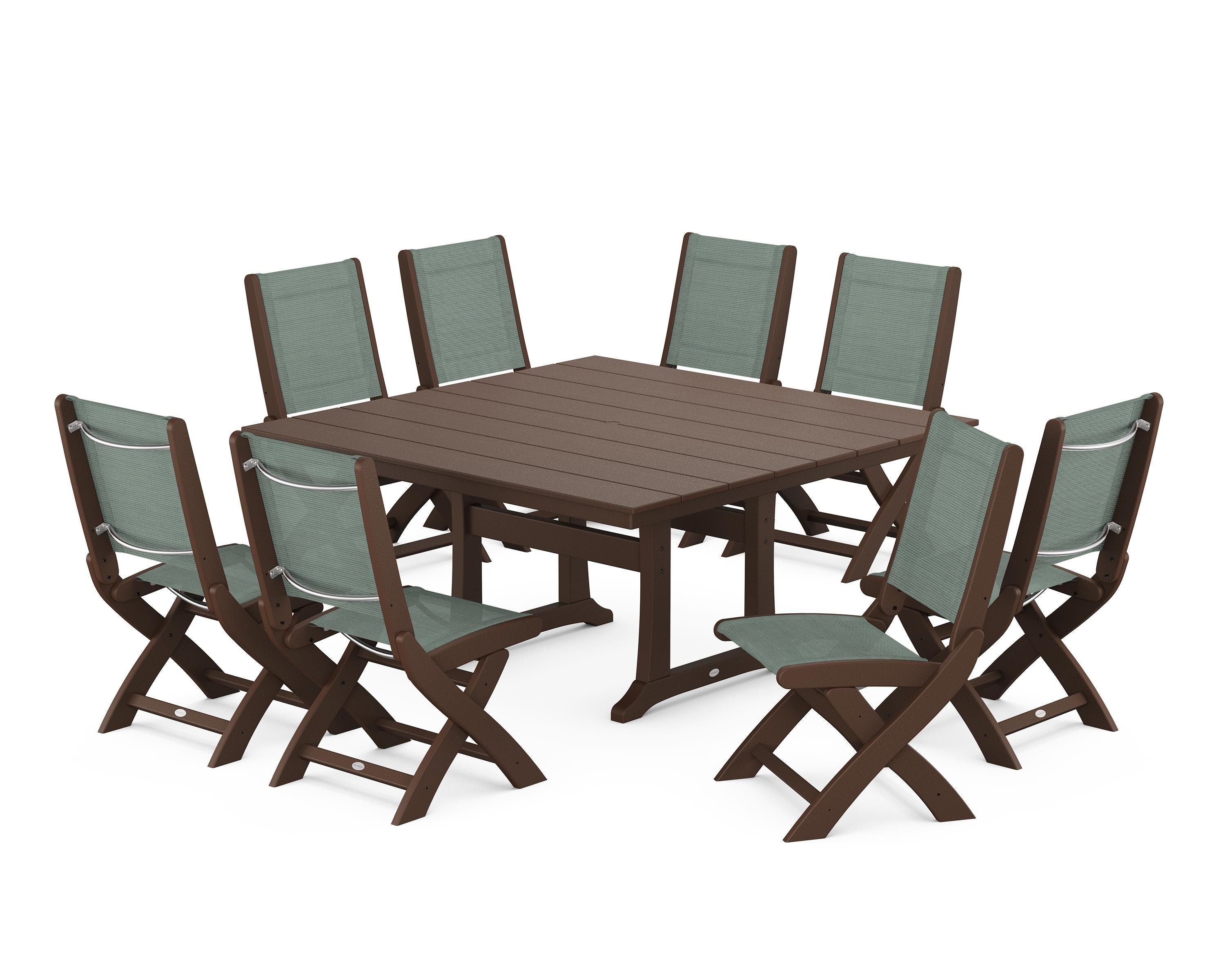 POLYWOOD® Coastal Folding Side Chair 9-Piece Farmhouse Dining Set in Mahogany / Dupioni Sea Mist Sling