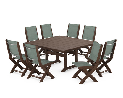 POLYWOOD® Coastal Folding Side Chair 9-Piece Farmhouse Dining Set in Mahogany / Dupioni Sea Mist Sling