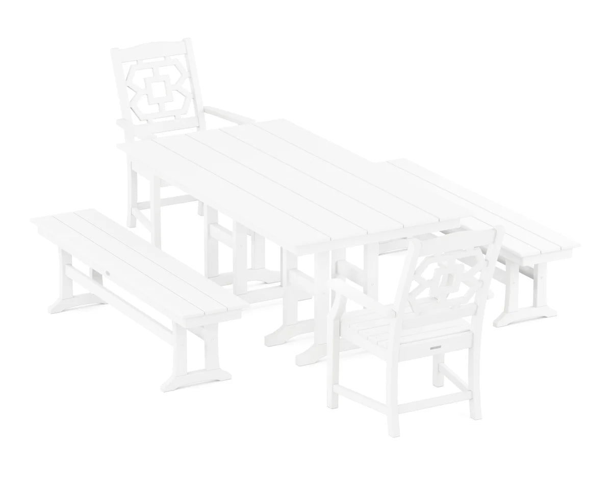 Chinoiserie 5-Piece Farmhouse Dining Set with Benches
