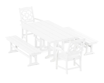 Chinoiserie 5-Piece Farmhouse Dining Set with Benches