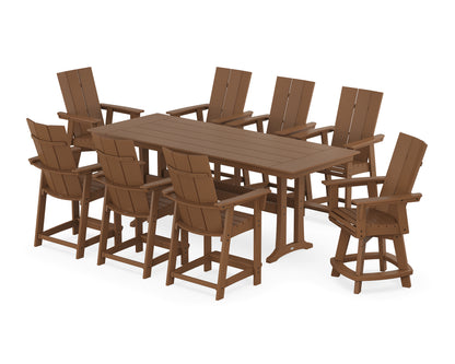 POLYWOOD® Modern Curveback Adirondack Swivel 9-Piece Farmhouse Counter Set with Trestle Legs in Teak