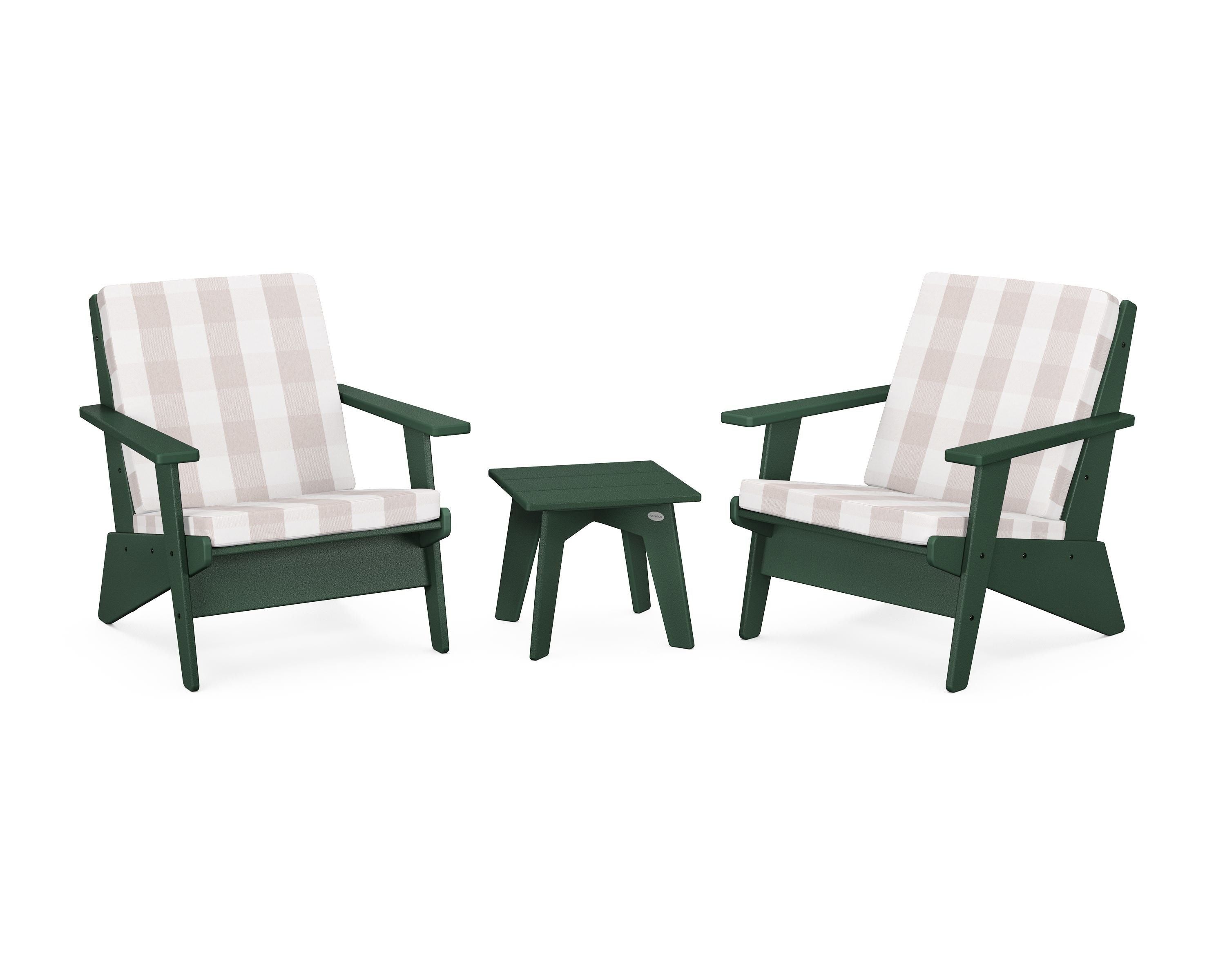 POLYWOOD® Riviera Modern Lounge 3-Piece Set in Green / Buffalo Plaid Dune Burlap