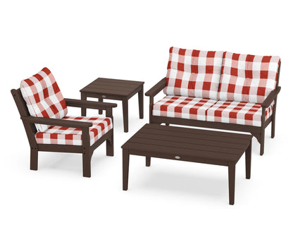 POLYWOOD® Vineyard 4-Piece Deep Seating Set in Mahogany / Buffalo Plaid Crimson