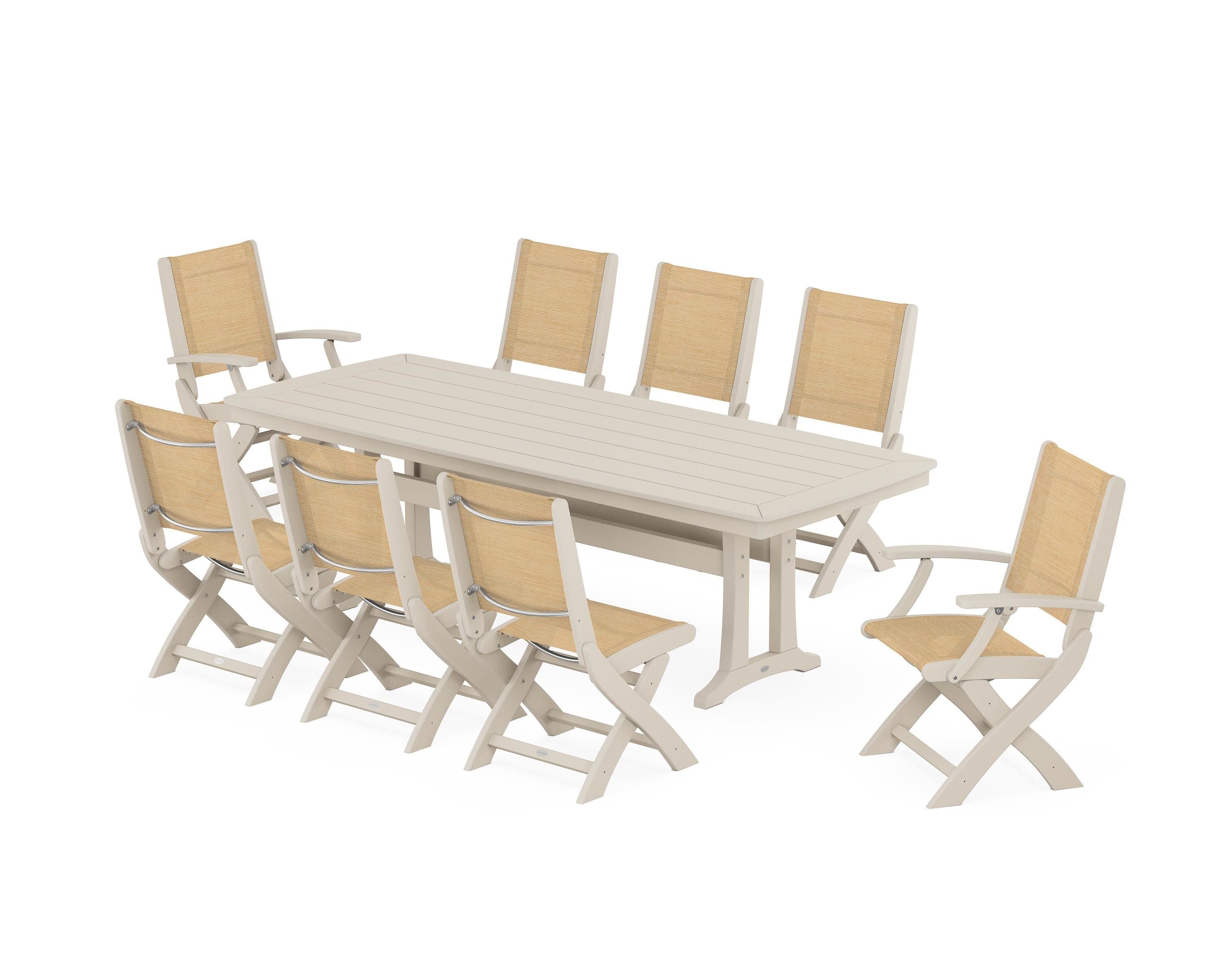 POLYWOOD® Coastal Folding 9-Piece Dining Set with Trestle Legs in Sand / Dupioni Apricot Sling