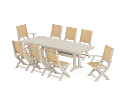 POLYWOOD® Coastal Folding 9-Piece Dining Set with Trestle Legs in Sand / Dupioni Apricot Sling