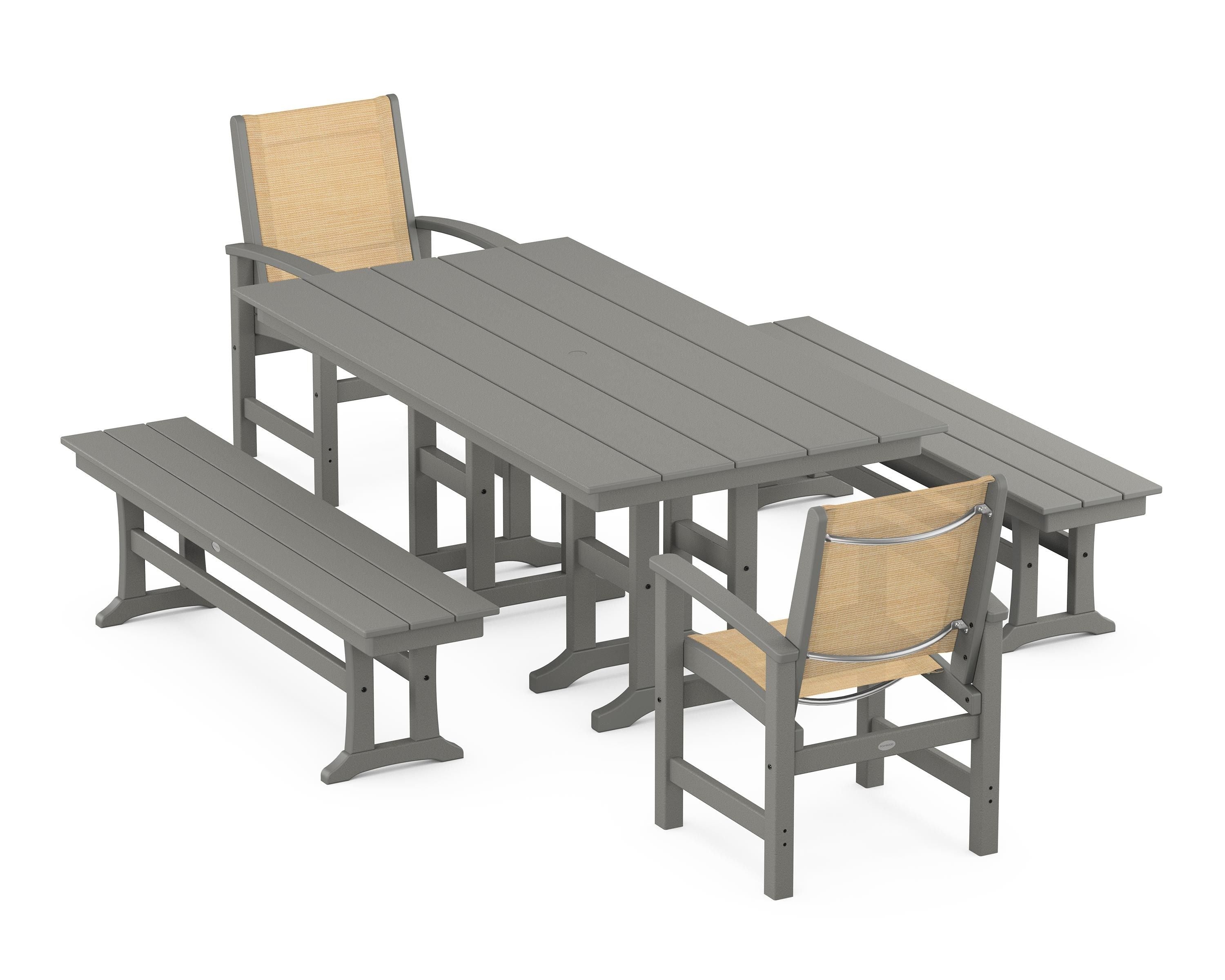 POLYWOOD® Coastal 5-Piece Farmhouse Dining Set in Slate Grey / Dupioni Apricot Sling