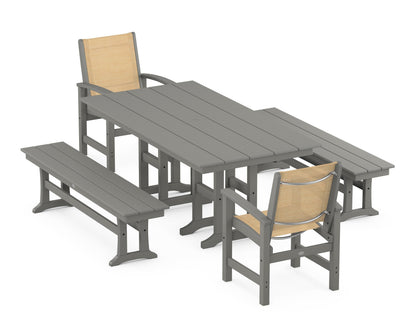 POLYWOOD® Coastal 5-Piece Farmhouse Dining Set in Slate Grey / Dupioni Apricot Sling