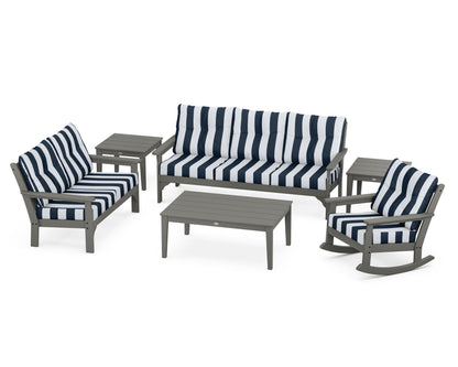POLYWOOD® Vineyard 6-Piece Deep Seating Set in Slate Grey / Cabana Stripe Marine Indigo