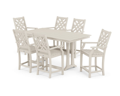 Country Living Wovendale Arm Chair 7-Piece Farmhouse Counter Set with Trestle Legs in Sand