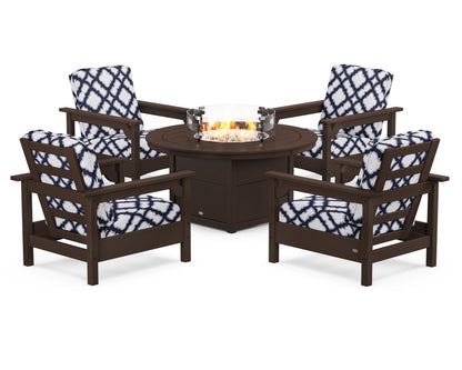 POLYWOOD® Club 5-Piece Conversation Set with Fire Pit Table in Mahogany / Trellis Navy