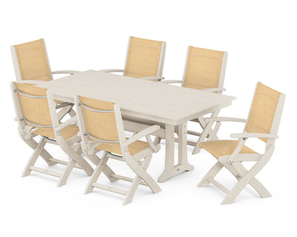 POLYWOOD® Coastal Folding Arm Chair 7-Piece Farmhouse Dining Set with Trestle Legs in Sand / Dupioni Apricot Sling