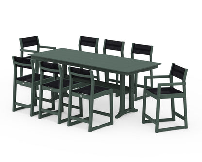 POLYWOOD® EDGE Sling 9-Piece Farmhouse Counter Set with Trestle Legs in Green / Black Sling