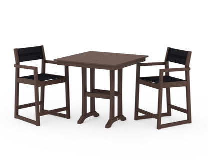 POLYWOOD® EDGE Sling Arm Chair 3-Piece Farmhouse Counter Set with Trestle Legs in Mahogany / Black Sling