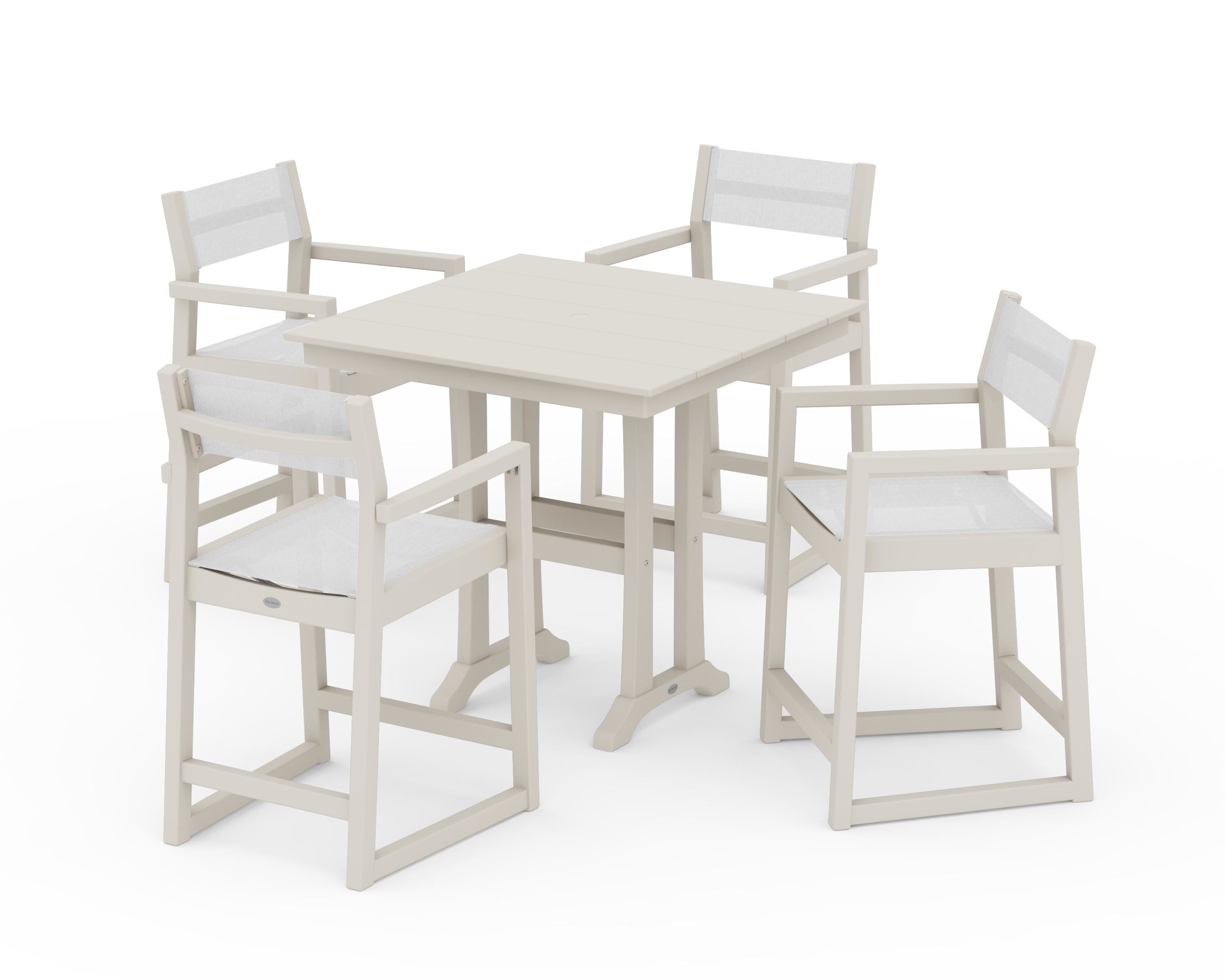 POLYWOOD® EDGE Sling Arm Chair 5-Piece Farmhouse Counter Set with Trestle Legs in Sand / White Sling