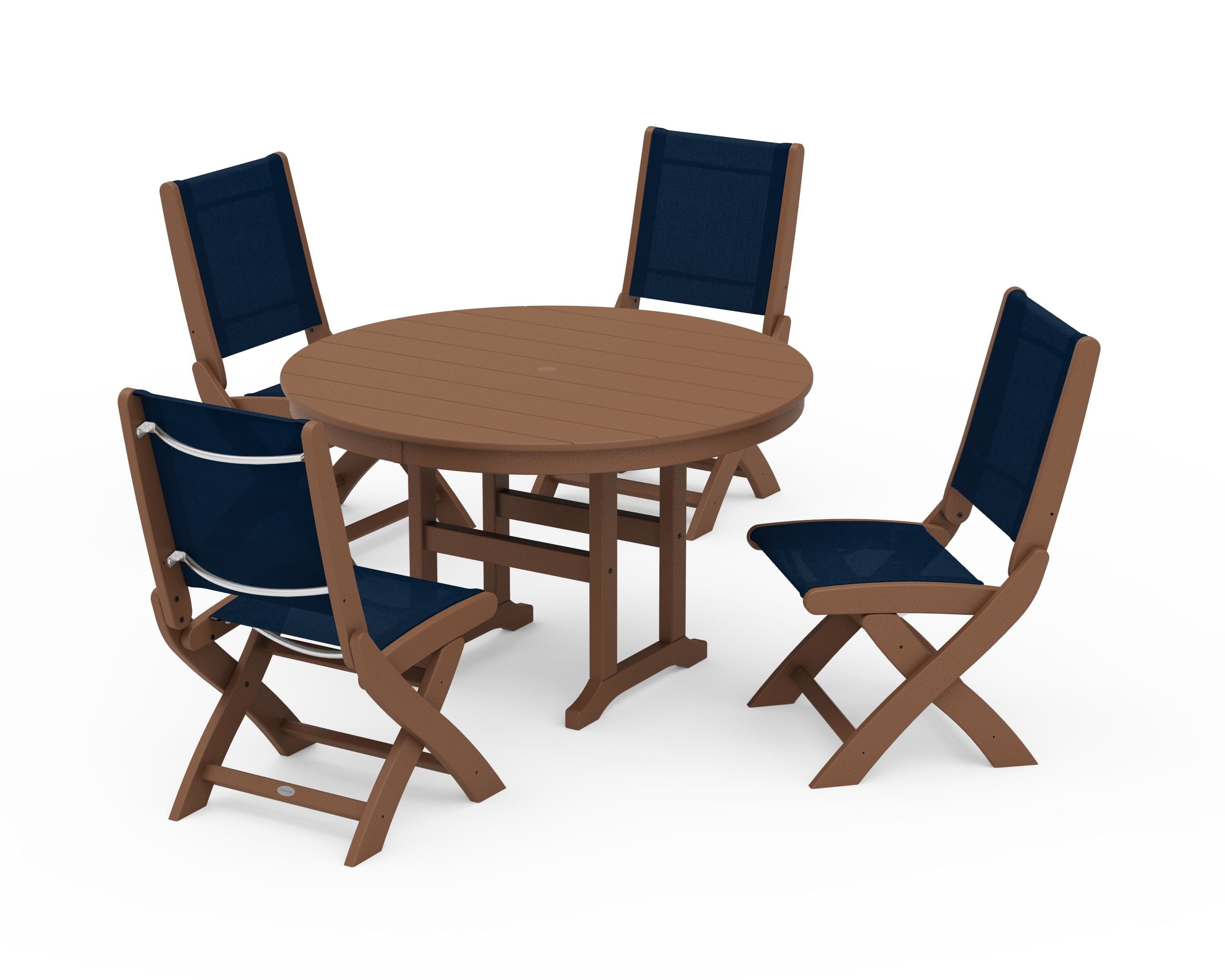 POLYWOOD® Coastal Folding Side Chair 5-Piece Round Dining Set in Teak / Navy Blue Sling
