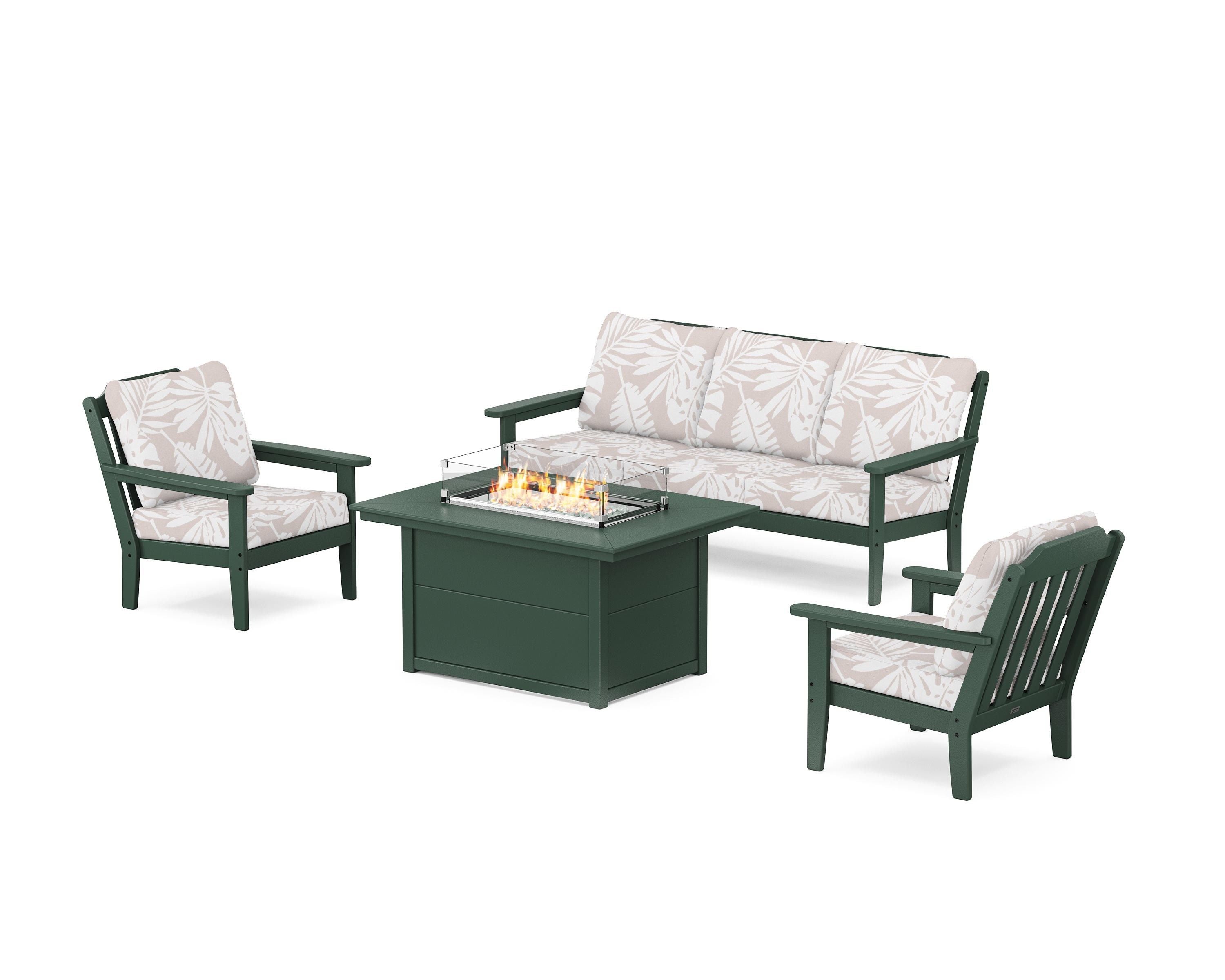 Country Living Cottage Deep Seating Fire Pit Table Set in Green / Leaf Dune Burlap