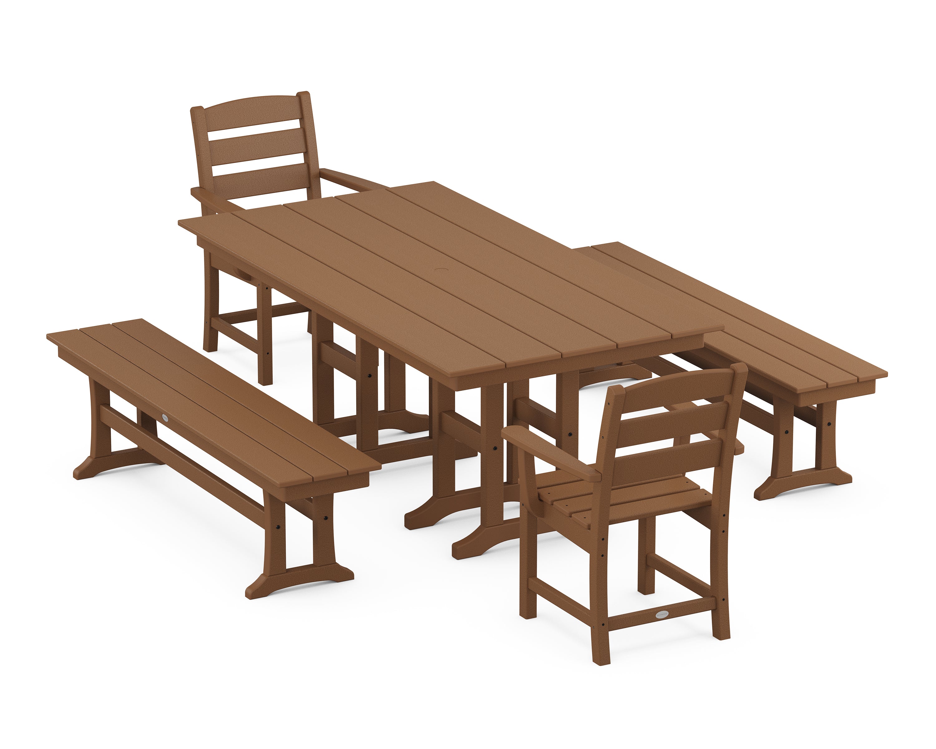 POLYWOOD® Lakeside 5-Piece Farmhouse Dining Set with Benches in Teak