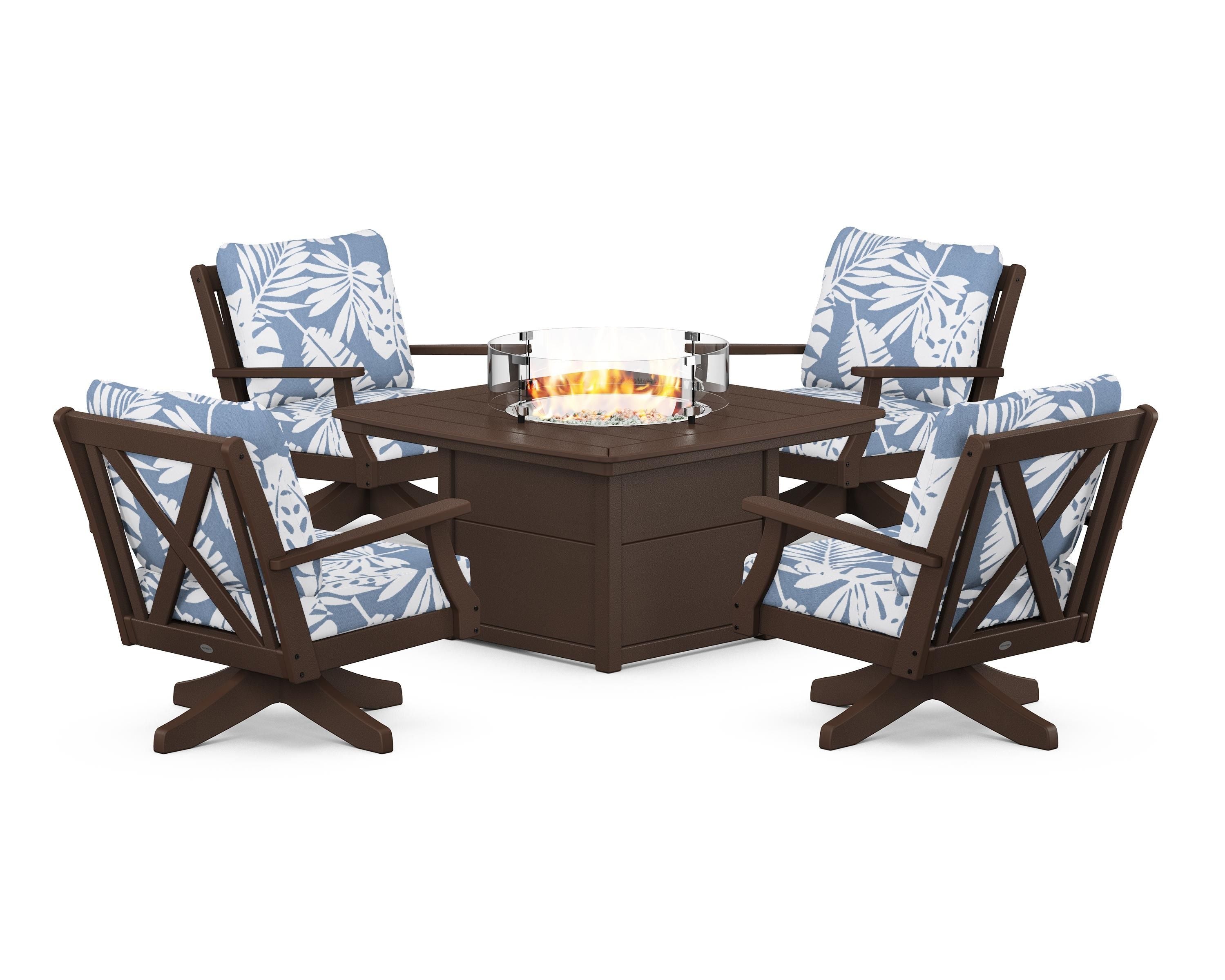 POLYWOOD® Braxton 5-Piece Deep Seating Swivel Conversation Set with Fire Pit Table in Mahogany / Leaf Sky Blue