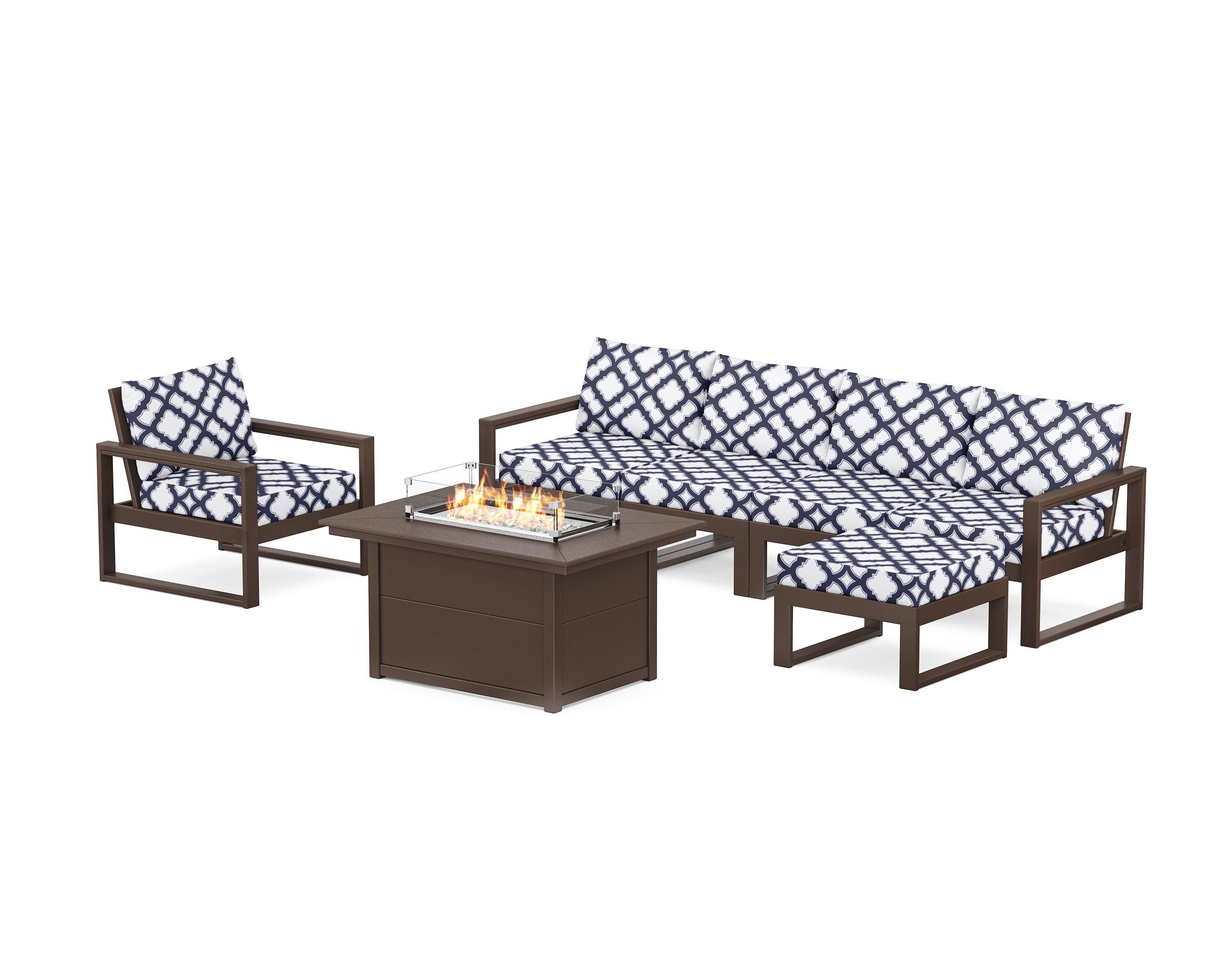 POLYWOOD® EDGE Sectional Lounge and Fire Pit Set in Mahogany / Trellis Navy