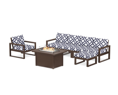 POLYWOOD® EDGE Sectional Lounge and Fire Pit Set in Mahogany / Trellis Navy
