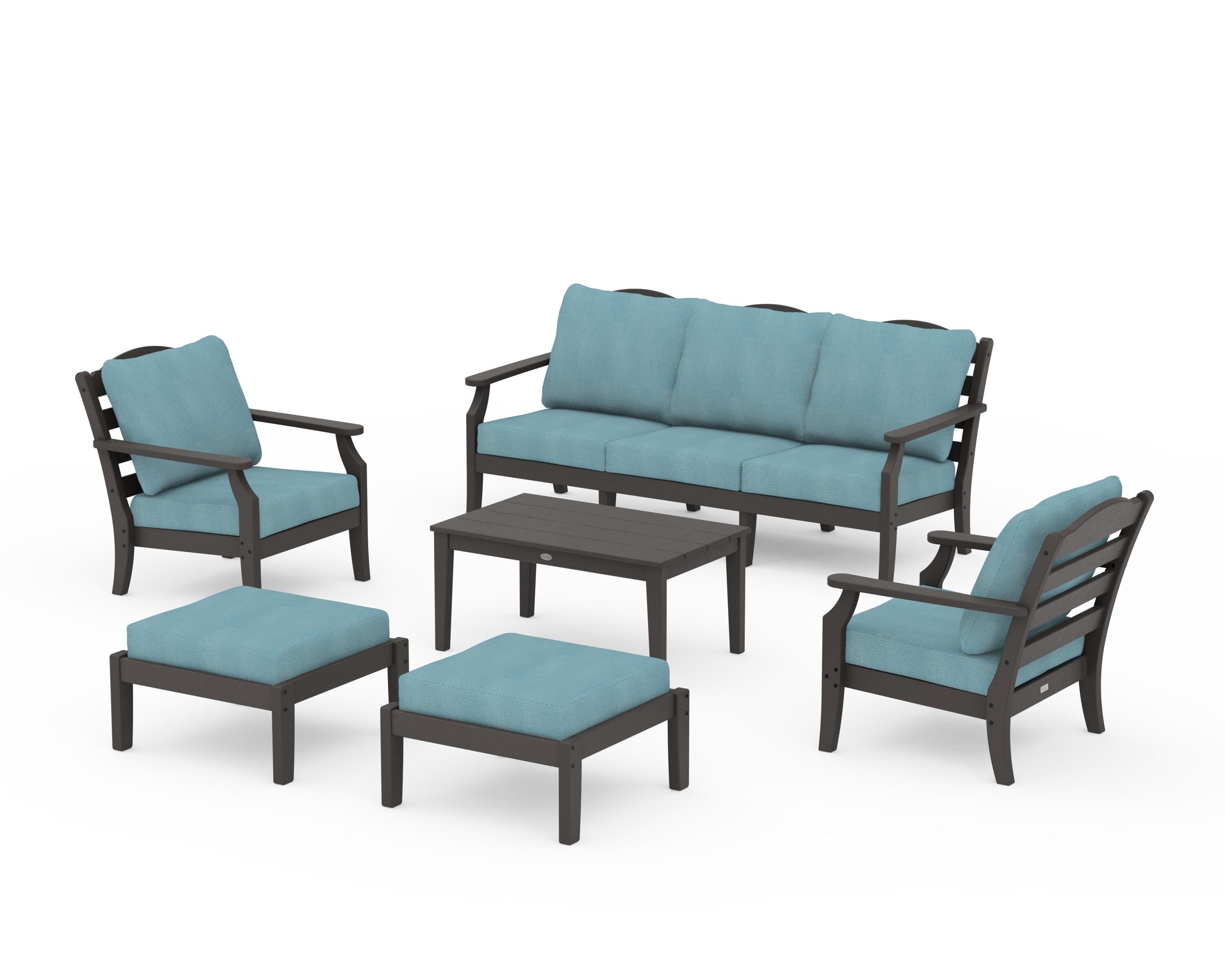 Draper James™ by  POLYWOOD® Savannah 6-Piece Lounge Sofa Set in Vintage Coffee / Lattice Sky Blue