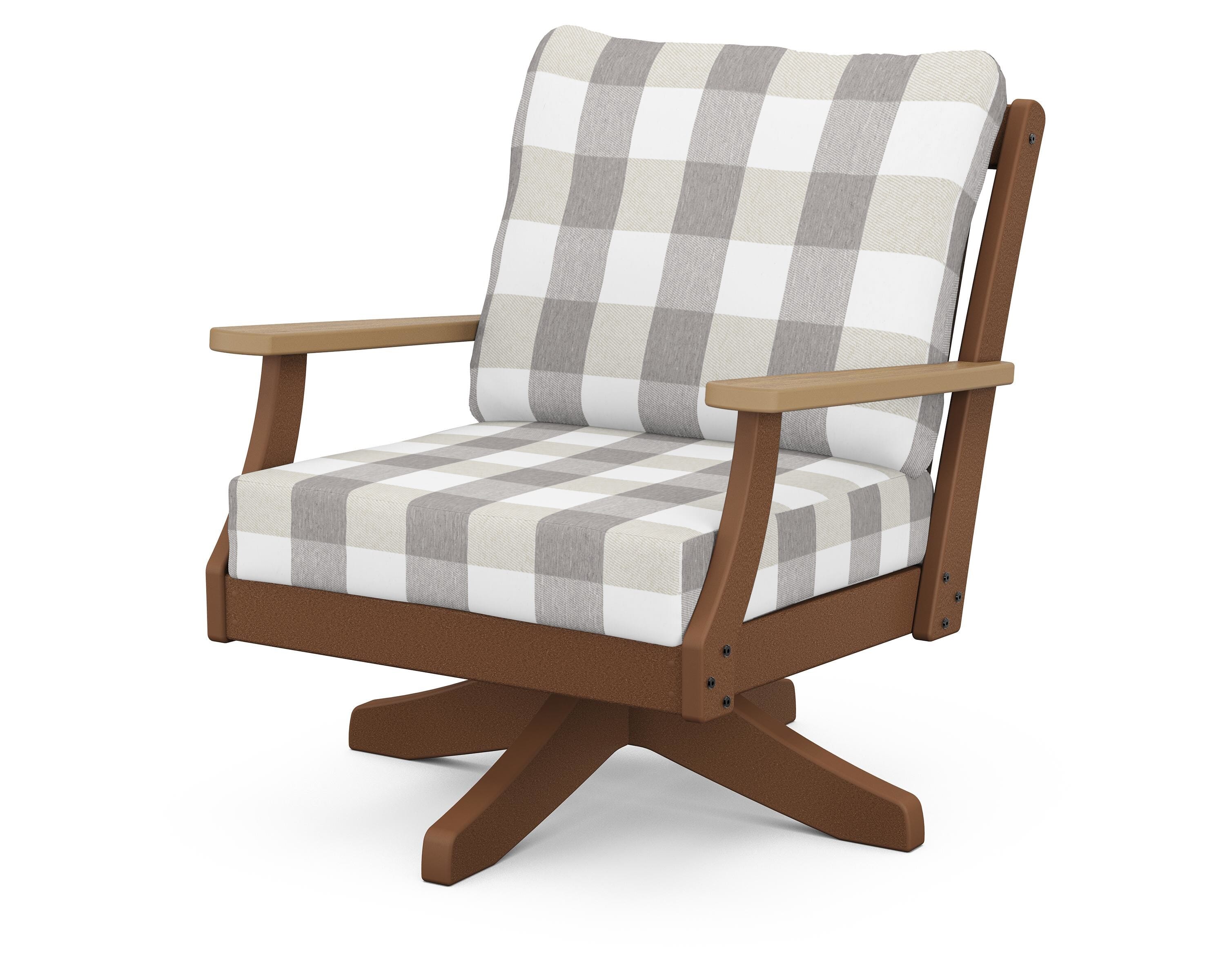 POLYWOOD® Braxton Deep Seating Swivel Chair in Teak / Natural / Buffalo Plaid Grey Mist