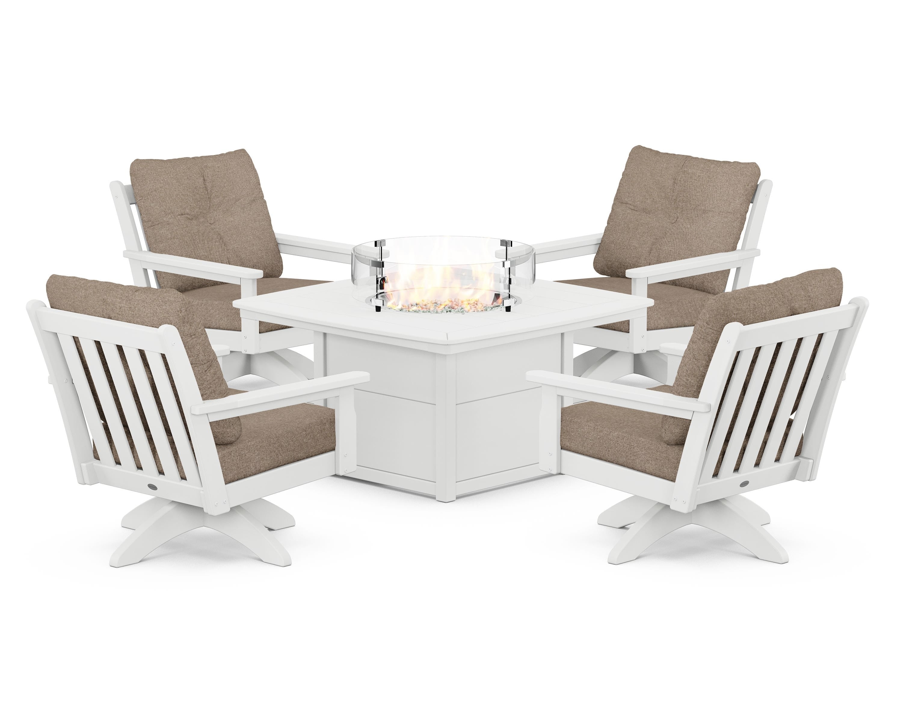POLYWOOD® Vineyard 5-Piece Deep Seating Swivel Conversation Set with Fire Pit Table in White / Spiced Burlap