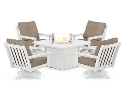 POLYWOOD® Vineyard 5-Piece Deep Seating Swivel Conversation Set with Fire Pit Table in White / Spiced Burlap