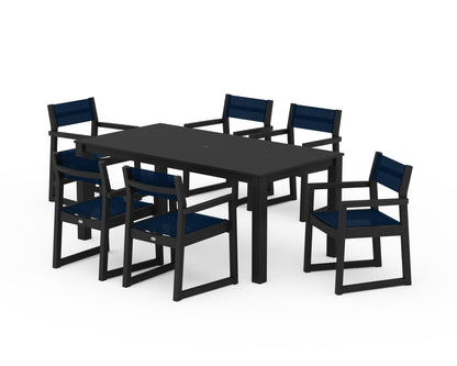 POLYWOOD® EDGE Sling Arm Chair 7-Piece Parsons Dining Set in Black / Navy Blue Sling