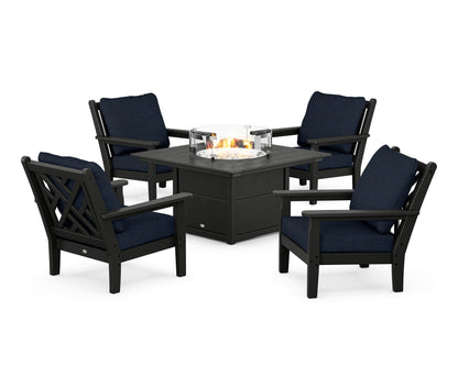POLYWOOD® Chippendale 5-Piece Deep Seating Set with Fire Pit Table in Black / Marine Indigo