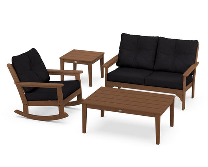 POLYWOOD® Vineyard 4-Piece Deep Seating Rocker Set in Teak / Midnight Linen