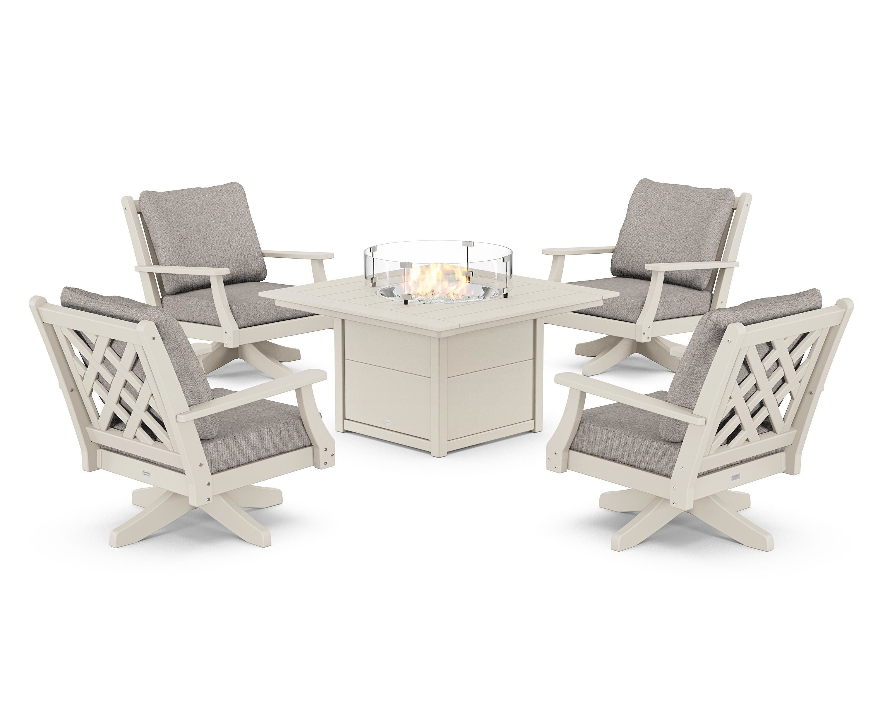 Country Living Wovendale 5-Piece Deep Seating Swivel Conversation Set with Fire Pit Table in Sand / Weathered Tweed