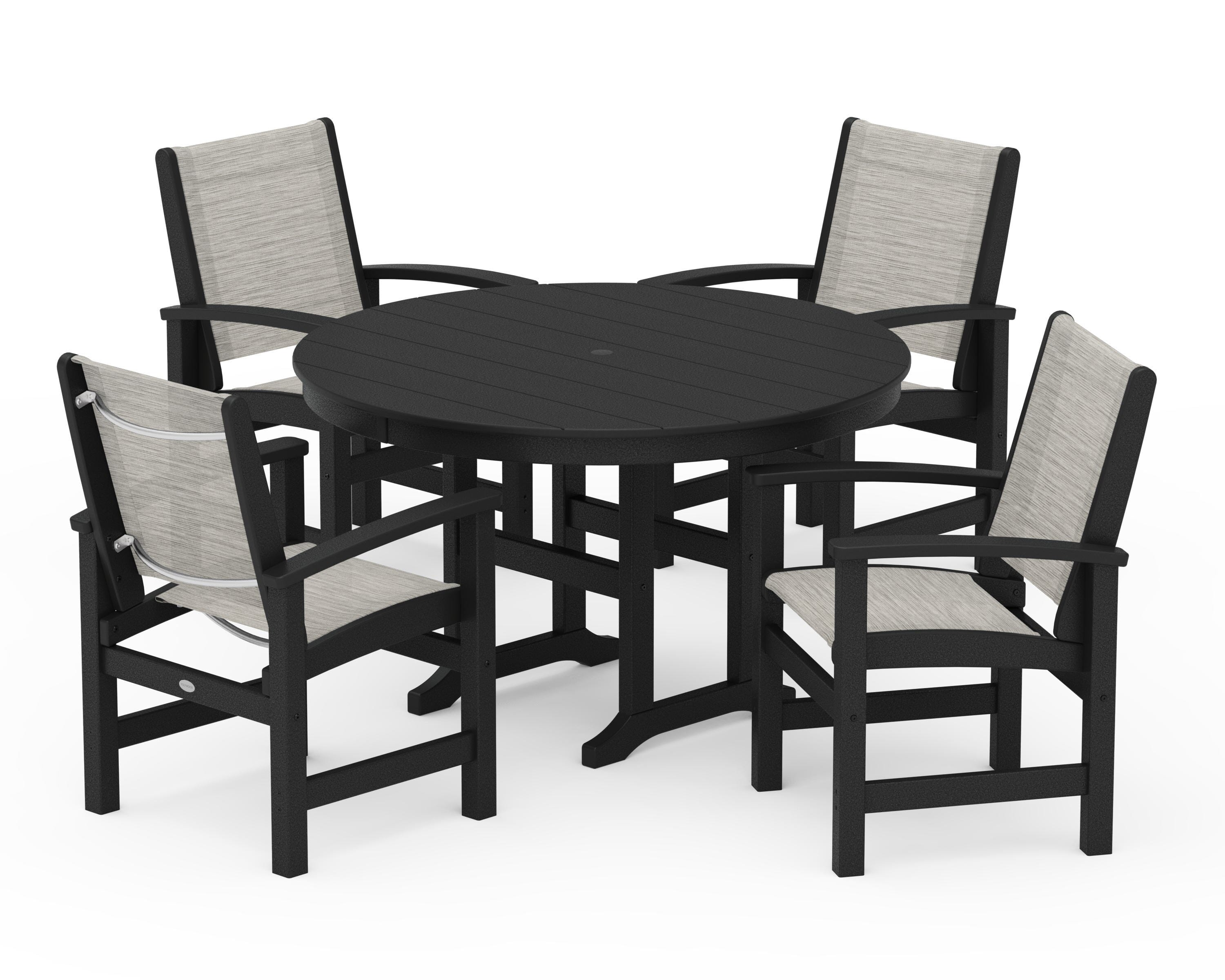 POLYWOOD® Coastal 5-Piece Round Farmhouse Dining Set in Black / Birch Sling