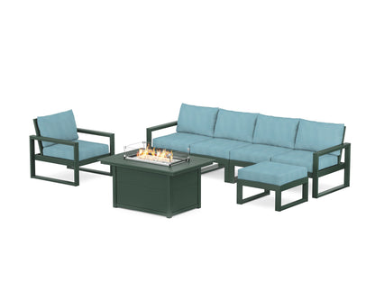 POLYWOOD® EDGE Sectional Lounge and Fire Pit Set in Green / Lattice Sky Blue