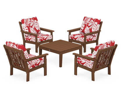 POLYWOOD® Vineyard 5-Piece Deep Seating Conversation Set in Teak / Leaf Crimson