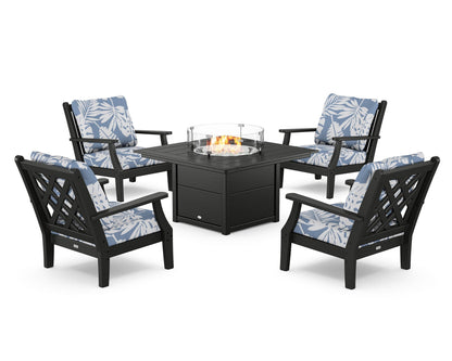 Country Living Wovendale 5-Piece Deep Seating Set with Fire Pit Table in Black / Leaf Sky Blue