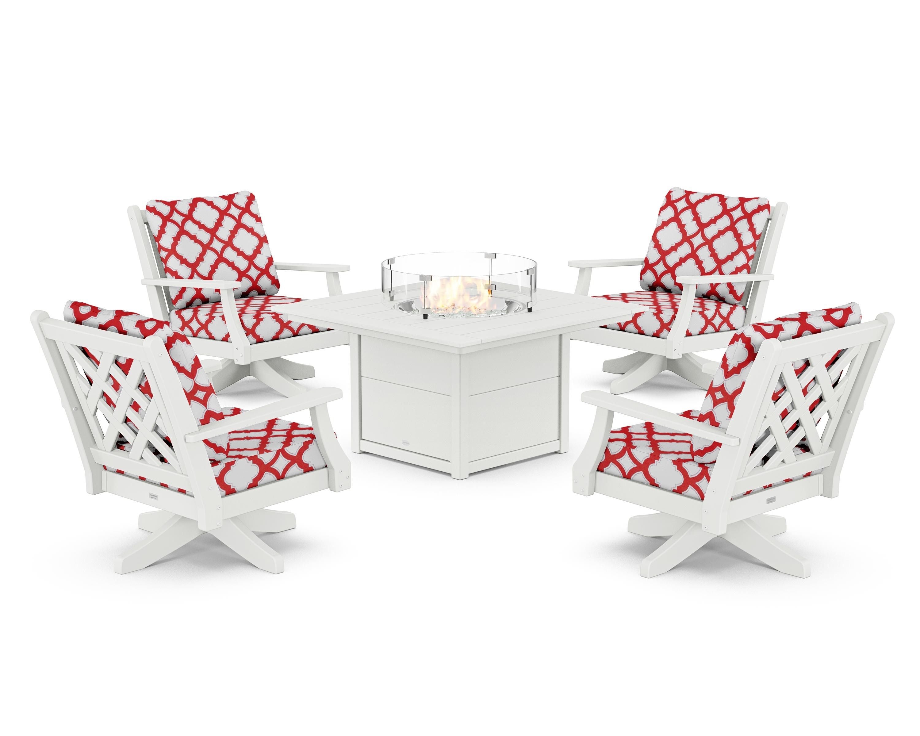 Country Living Wovendale 5-Piece Deep Seating Swivel Conversation Set with Fire Pit Table in White / Trellis Crimson
