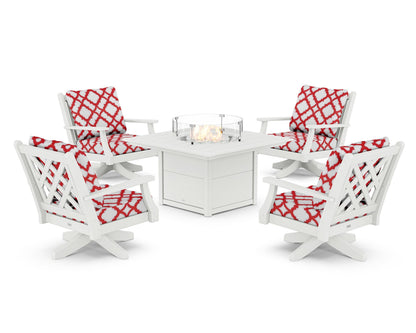 Country Living Wovendale 5-Piece Deep Seating Swivel Conversation Set with Fire Pit Table in White / Trellis Crimson