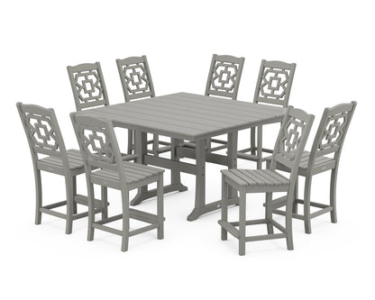 Martha Stewart by POLYWOOD® Chinoiserie 9-Piece Square Farmhouse Side Chair Counter Set with Trestle Legs in Slate Grey