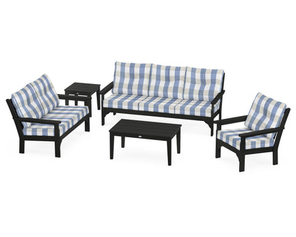 POLYWOOD® Vineyard 5 Piece Deep Seating Set in Black / Buffalo Plaid Sky Blue