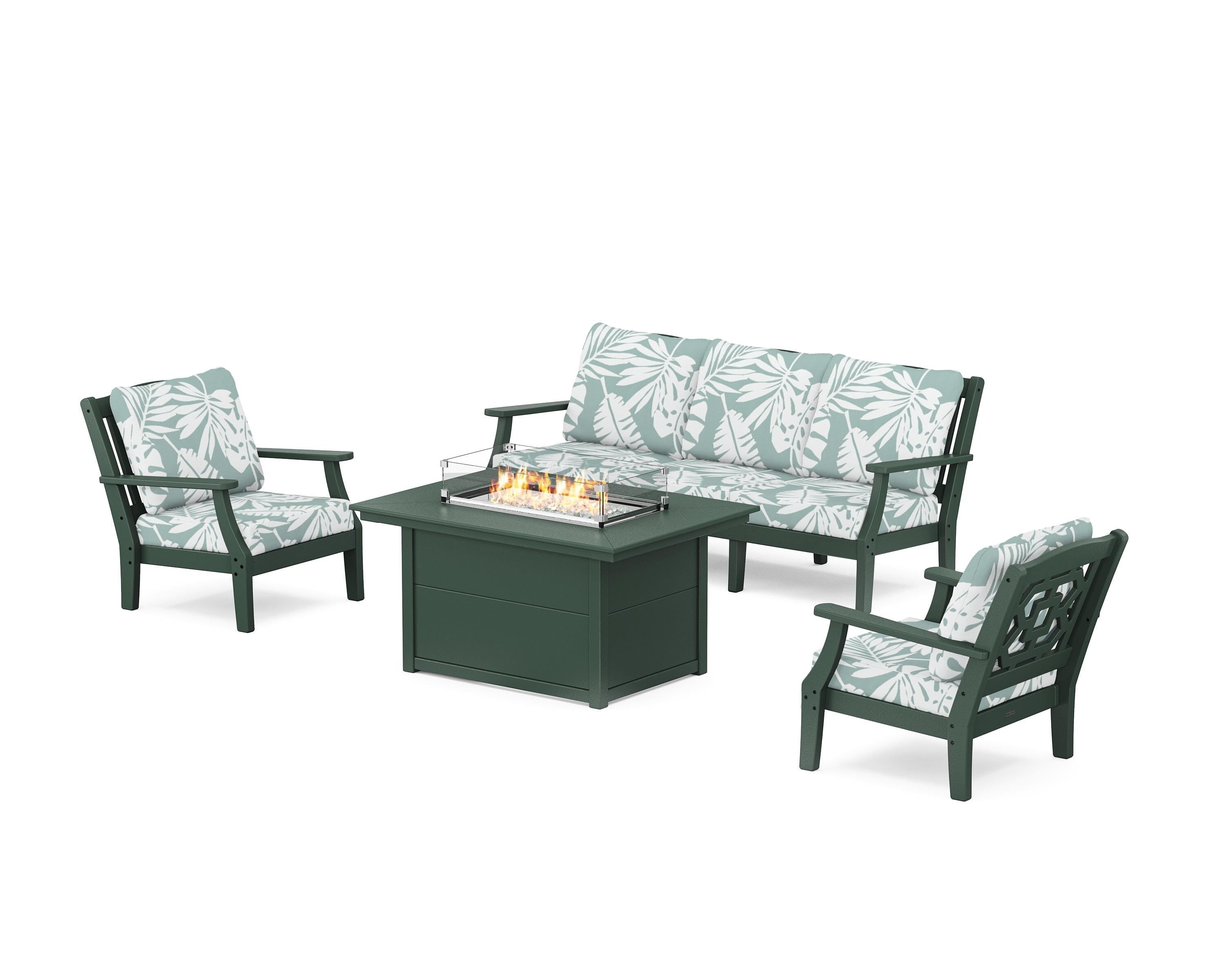 Martha Stewart by POLYWOOD® Chinoiserie Deep Seating Fire Pit Table Set in Green / Leaf Glacier Spa