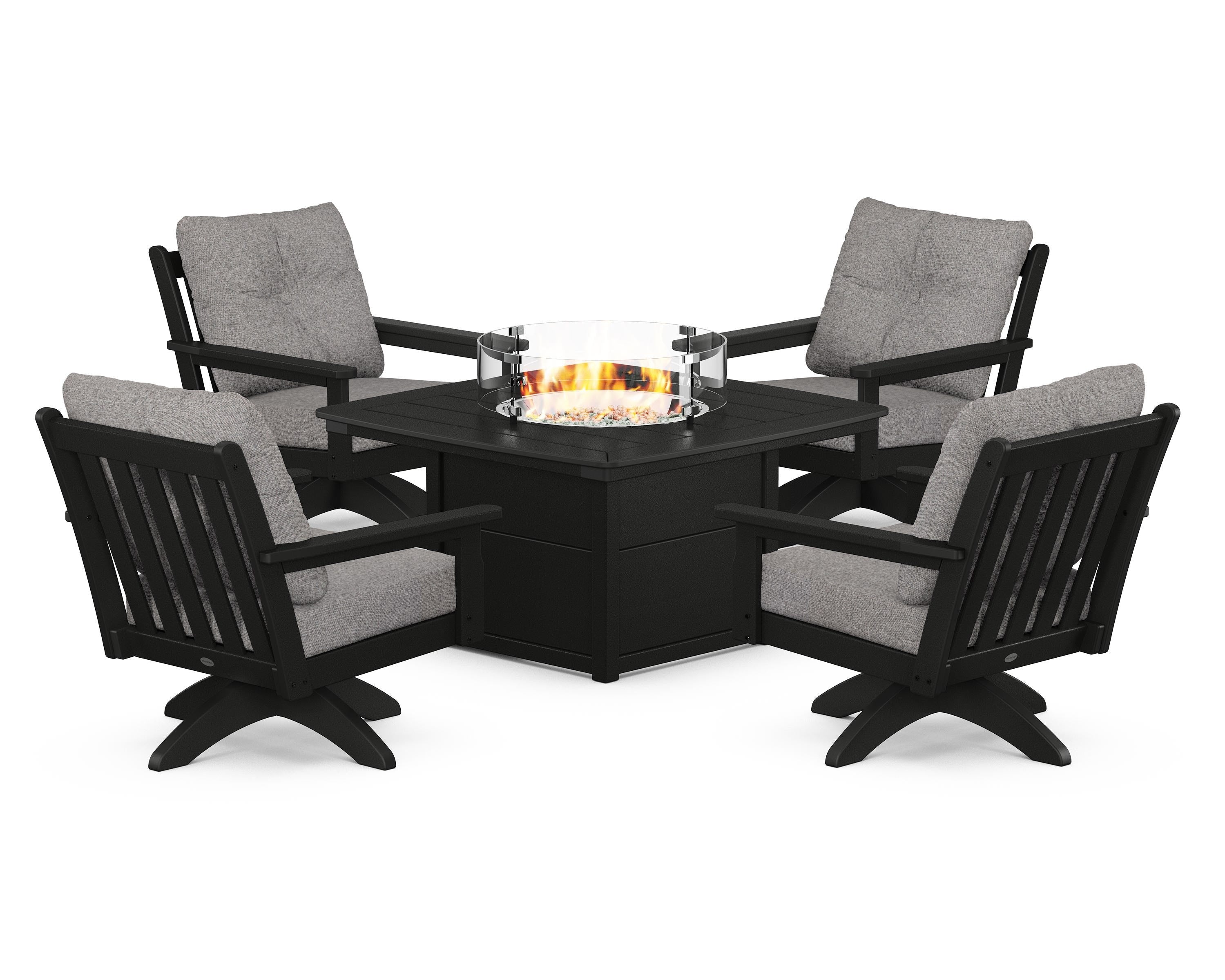 POLYWOOD® Vineyard 5-Piece Deep Seating Swivel Conversation Set with Fire Pit Table in Black / Grey Mist