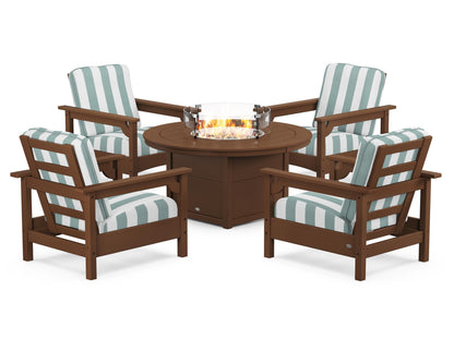 POLYWOOD® Club 5-Piece Conversation Set with Fire Pit Table in Teak / Cabana Stripe Glacier Spa