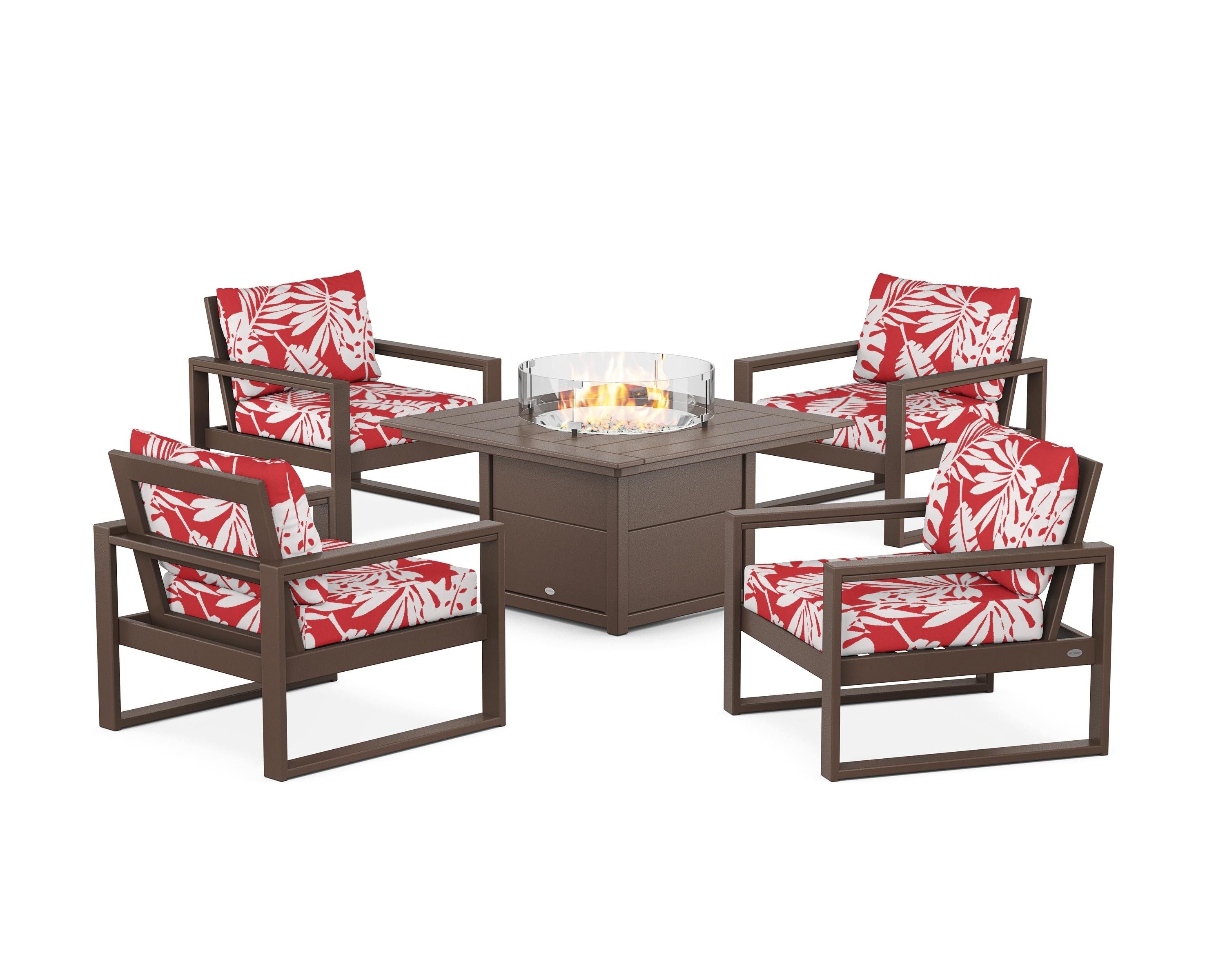 POLYWOOD® EDGE Sectional 5-Piece Deep Seating Set with Fire Pit Table in Mahogany / Leaf Crimson