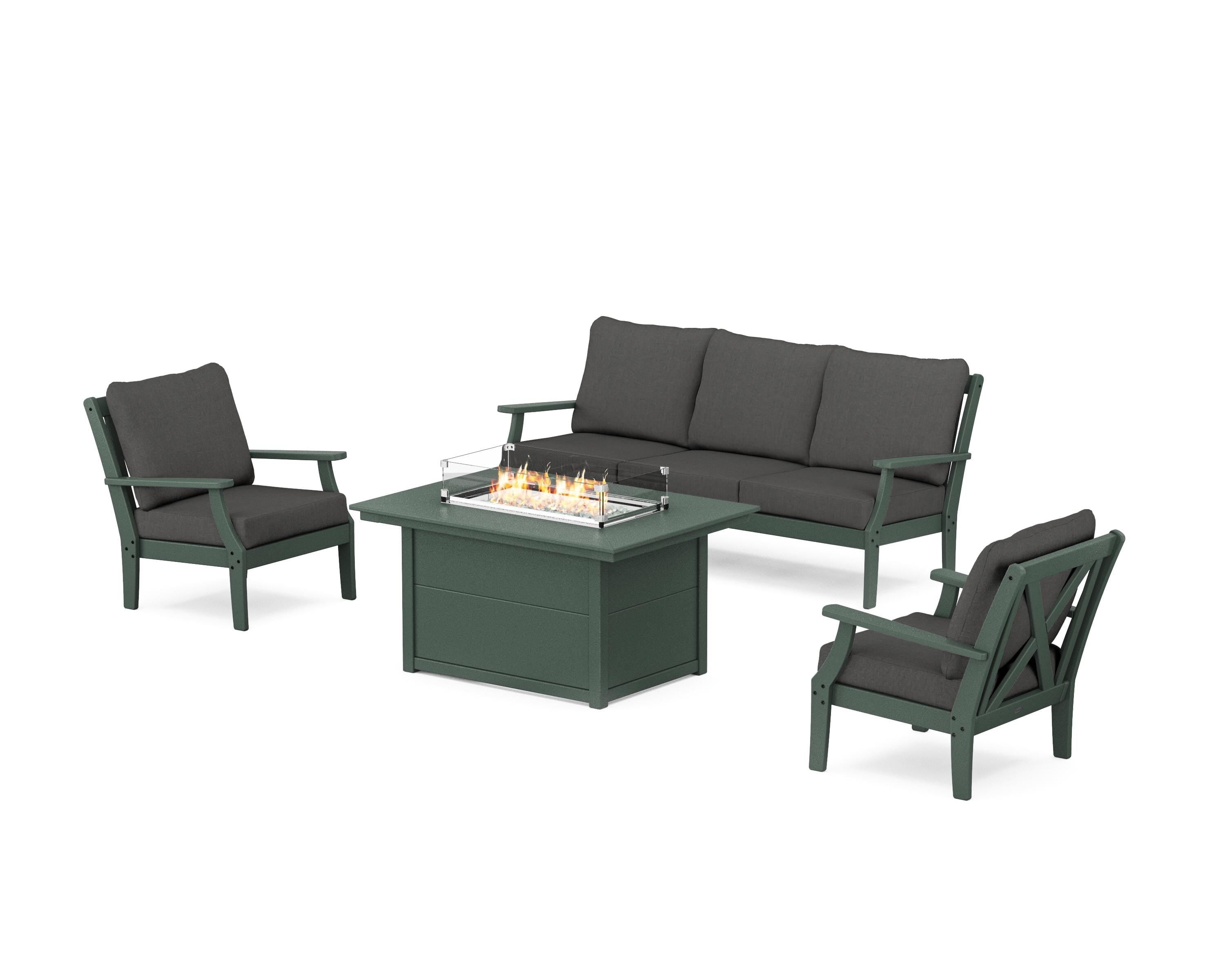 POLYWOOD® Braxton Deep Seating Fire Pit Table Set in Green / Spectrum Carbon